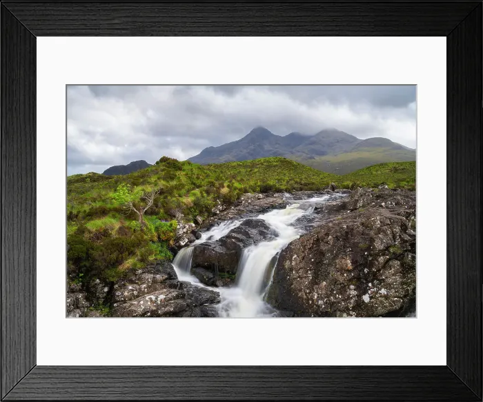 Framed Print : Waterfall against Cuillin mountain range on Allt Dearg Mor stream, near Sligachan, Isle of Skye, Scottish Highlands, Scotland, UK