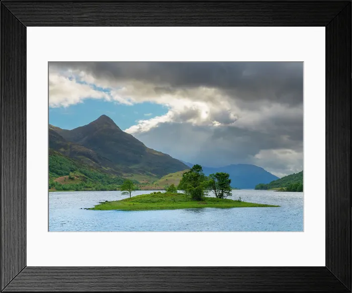 Framed Print : Pap of Glencoe mountain peak rising above Seagull island on Loch Leven, Glencoe, Scottish Highlands, Scotland, UK