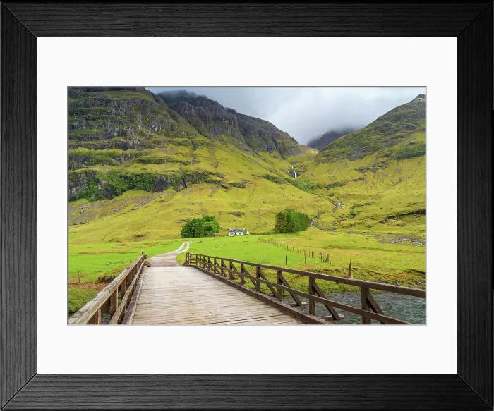 Framed Print : Wooden bridge leading to cottage under mountains, Glencoe, Scottish Highlands, Scotland, UK Framed Print : Wooden bridge leading to cottage under mountains, Glencoe, Scottish Highlands, Scotland, UK
