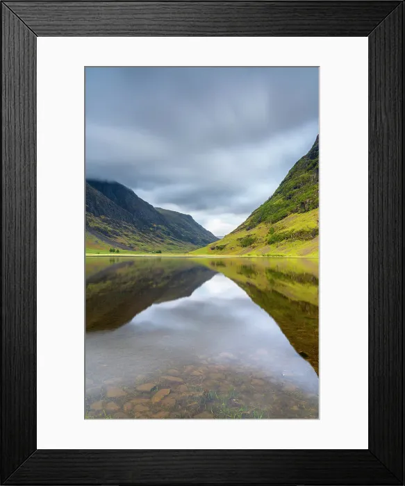 Framed Print : Reflections of mountains in Loch Achtriochtan in valley against cloudy sky, Glencoe, Scottish Highlands, Scotland, UK