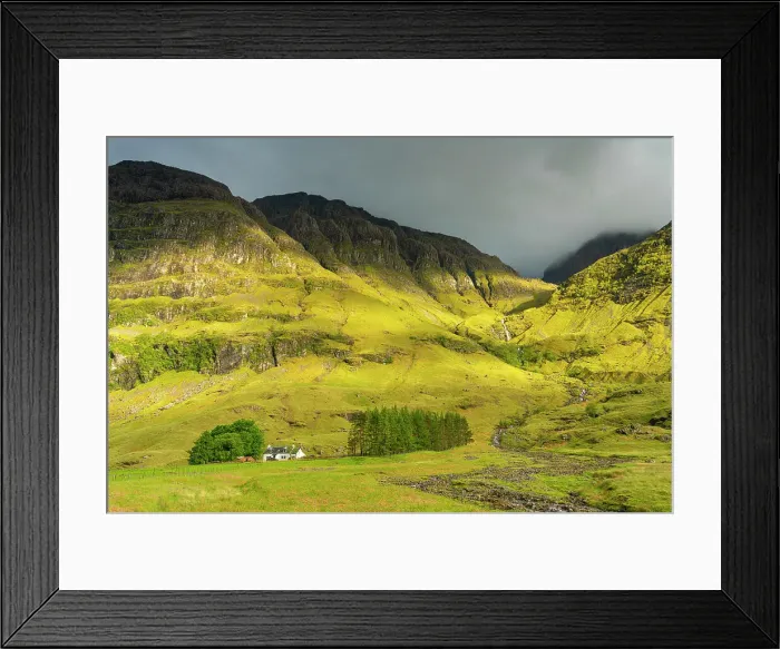 Framed Print : Cottage in Glencoe valley under mountains, Glencoe, Scottish Highlands, Scotland, UK Framed Print : Cottage in Glencoe valley under mountains, Glencoe, Scottish Highlands, Scotland, UK