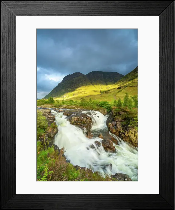 Framed Print : Clachaig Falls on Coe river against cloudy sky, Glencoe, Scottish Highlands, Scotland, UK Framed Print : Clachaig Falls on Coe river against cloudy sky, Glencoe, Scottish Highlands, Scotland, UK