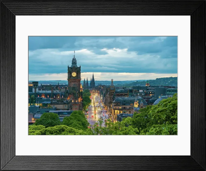 Framed Print : Clock tower of Balmoral Hotel, high angle view of Princes Street and St Marys Cathedral in background at dusk, UNESCO, Old Town, Edinburgh, Lothian, Scotland, UK Framed Print : Clock tower of Balmoral Hotel, high angle view of Princes Street and St Marys Cathedral in background at dusk, UNESCO, Old Town, Edinburgh, Lothian, Scotland, UK