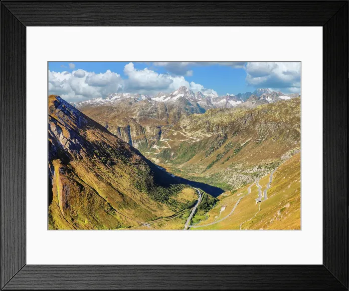 Framed Print : Rhone Valley with Furka Pass road and Grimsel Pass, Uri Alps, Valais, Switzerland Framed Print : Rhone Valley with Furka Pass road and Grimsel Pass, Uri Alps, Valais, Switzerland