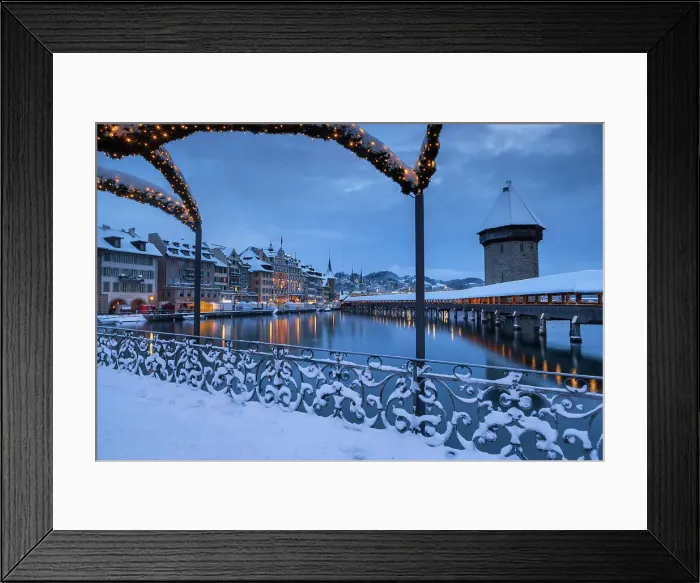 Framed Print : Switzerland, Canton Lucerne, Christmas lights, Chapel Bridge (Kapellbrucke) Framed Print : Switzerland, Canton Lucerne, Christmas lights, Chapel Bridge (Kapellbrucke)