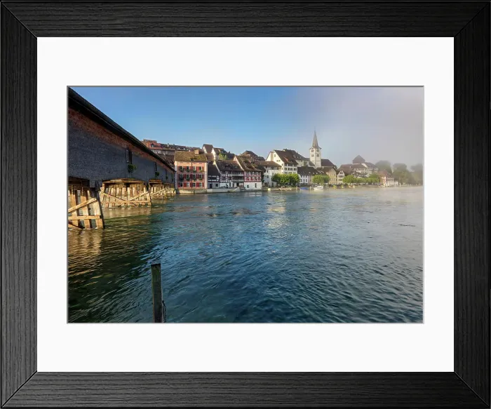 Framed Print : Switzerland, Canton of Thurgau, old town, wood bridge, Rhine river Framed Print : Switzerland, Canton of Thurgau, old town, wood bridge, Rhine river