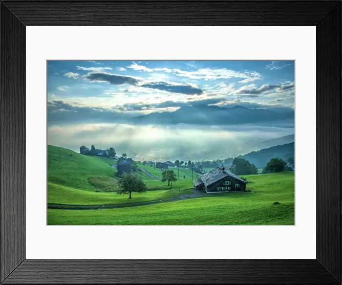 Framed Print : Switzerland, St. Gallen, Grabs, sunrise with view to Lichtenstein and Rhine valley Framed Print : Switzerland, St. Gallen, Grabs, sunrise with view to Lichtenstein and Rhine valley