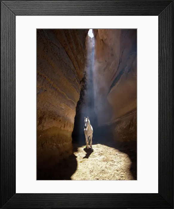 Framed Print : A white horse walks through a slot canyon, Cappadocia, Nevsehir Province, Central Anatolia, Turkey Framed Print : A white horse walks through a slot canyon, Cappadocia, Nevsehir Province, Central Anatolia, Turkey