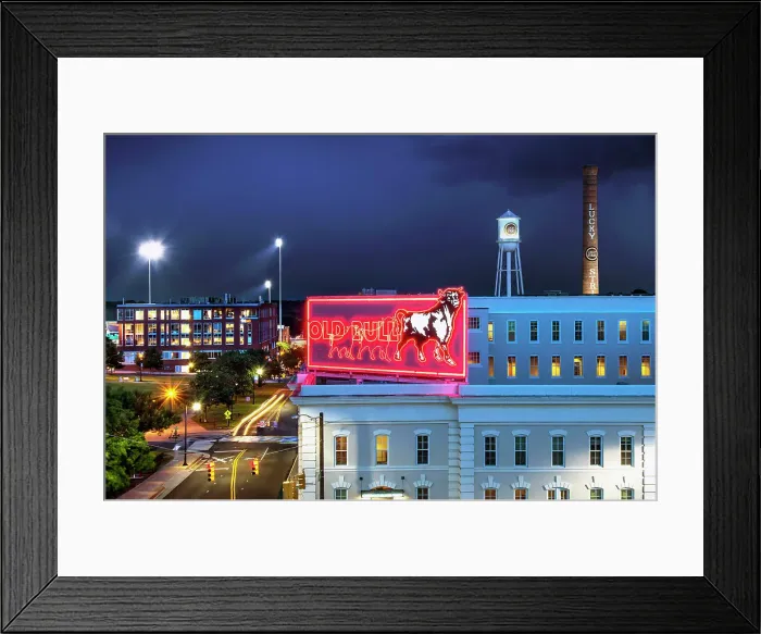 Framed Print : USA, Durham, North Carolina, American Tobacco District, Former Tobacco Factories, Renewal Project, National Historic District, Old Bull Neon Sign, Tribute To The Bull Durham Tobacco Company Framed Print : USA, Durham, North Carolina, American Tobacco District, Former Tobacco Factories, Renewal Project, National Historic District, Old Bull Neon Sign, Tribute To The Bull Durham Tobacco Company