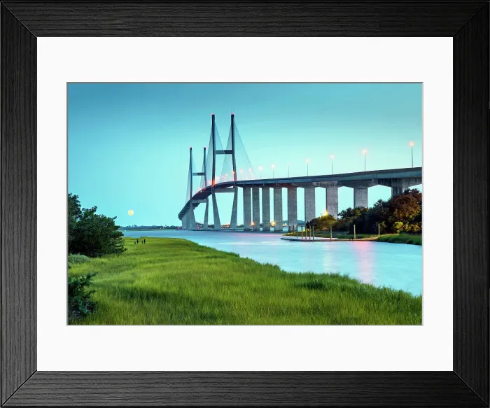 Framed Print : USA, Brunswick, Georgia, Sidney Lanier Bridge, Brunswick River, Salt Marshes, Full Moon