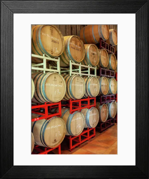 Framed Print : Oak aging casks in the Tasting room at Cape May Winerys tasting room Framed Print : Oak aging casks in the Tasting room at Cape May Winerys tasting room