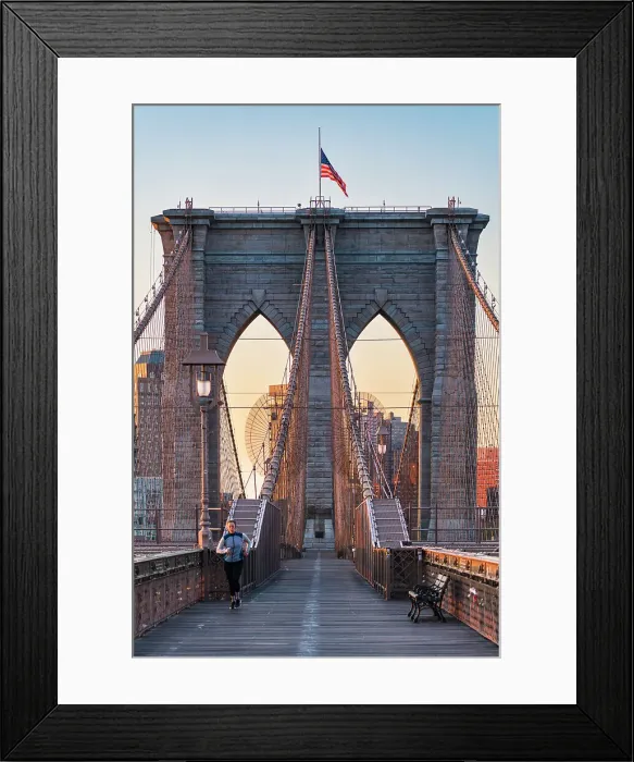 Framed Print : running on New York City Brooklyn Bridge at Sunrise, USA