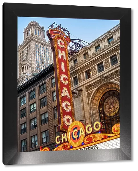 Iconic neon sign and marquee of Chicago Theatre, Chicago, Illinois, USA