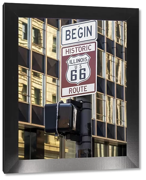 Begin of historic Route 66 road sign, Chicago, Illinois, USA