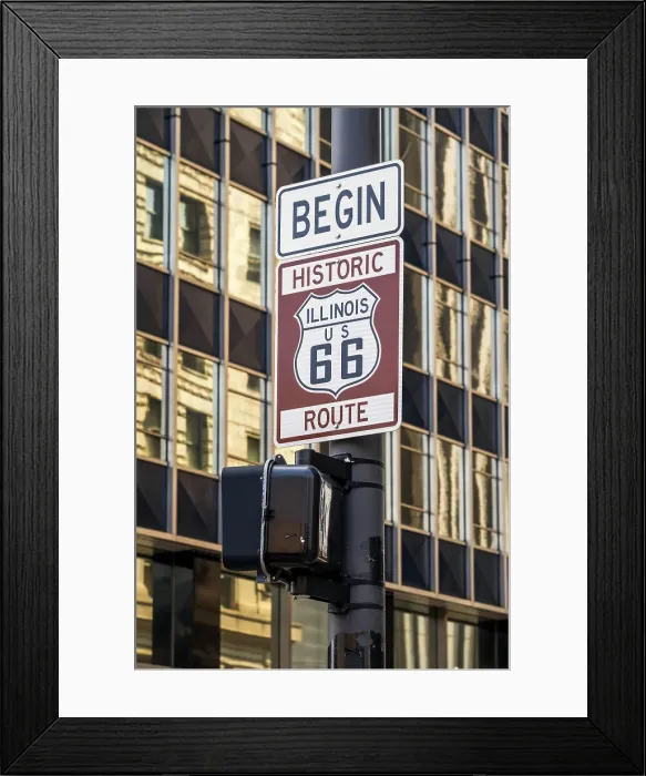 Framed Print : Begin of historic Route 66 road sign, Chicago, Illinois, USA Framed Print : Begin of historic Route 66 road sign, Chicago, Illinois, USA