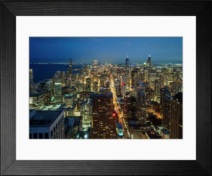 Framed Print : Night aerial view of downtown skyline, Chicago, Illinois, USA Framed Print : Night aerial view of downtown skyline, Chicago, Illinois, USA