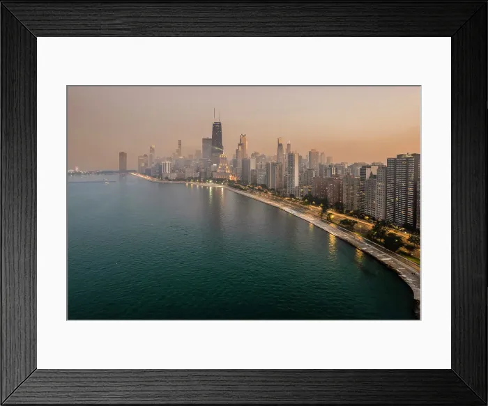 Framed Print : Aerial view over downtown skyline at sunset from Lake Michigan, Chicago, Illinois, USA Framed Print : Aerial view over downtown skyline at sunset from Lake Michigan, Chicago, Illinois, USA