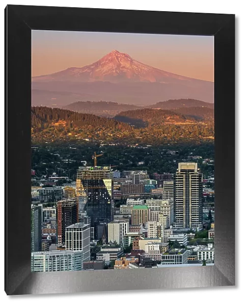 Downtown skyline and Mt. Hood at sunset, Portland, Oregon, USA