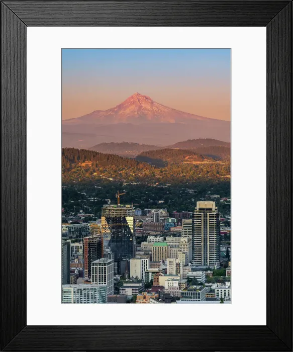 Framed Print : Downtown skyline and Mt. Hood at sunset, Portland, Oregon, USA