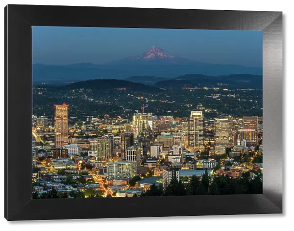 Downtown skyline and Mt. Hood at twilight, Portland, Oregon, USA