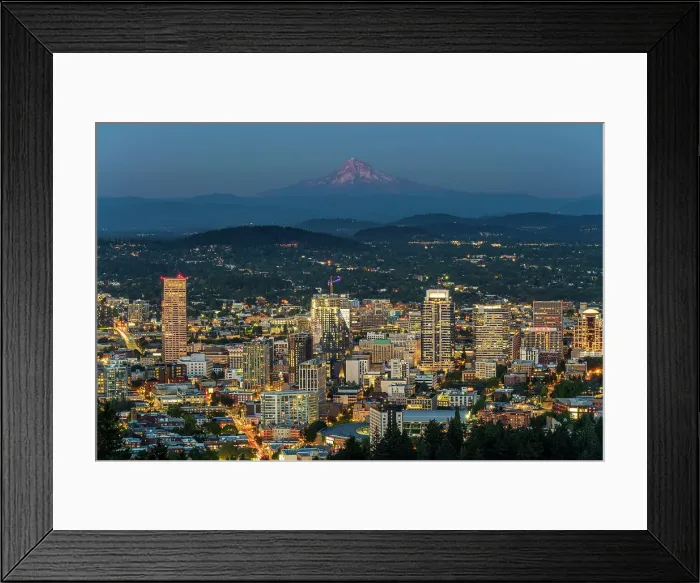 Framed Print : Downtown skyline and Mt. Hood at twilight, Portland, Oregon, USA Framed Print : Downtown skyline and Mt. Hood at twilight, Portland, Oregon, USA