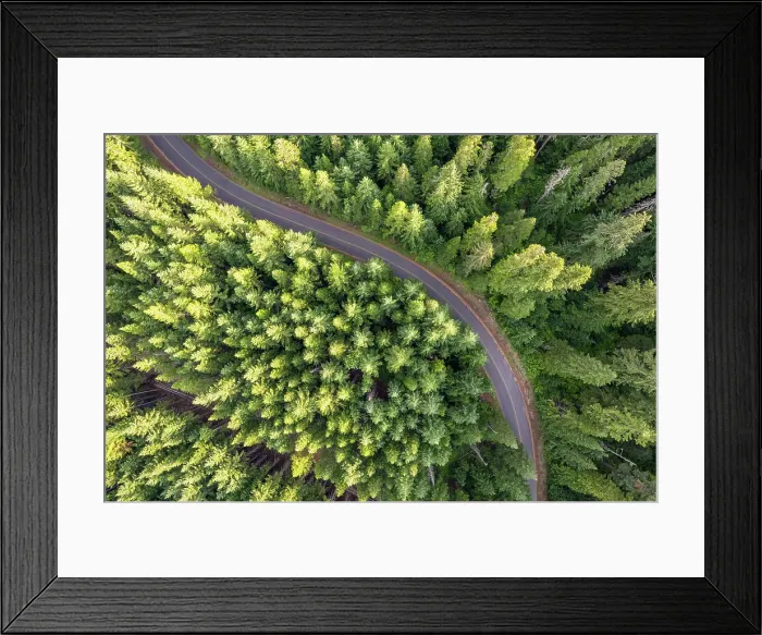 Framed Print : Aerial view of a curving road in the forest, Skamania County, Washington, USA Framed Print : Aerial view of a curving road in the forest, Skamania County, Washington, USA