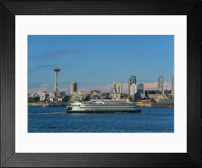 Framed Print : Washington State Ferry with downtown skyline and Space Needle behind, Seattle, Washington, USA Framed Print : Washington State Ferry with downtown skyline and Space Needle behind, Seattle, Washington, USA