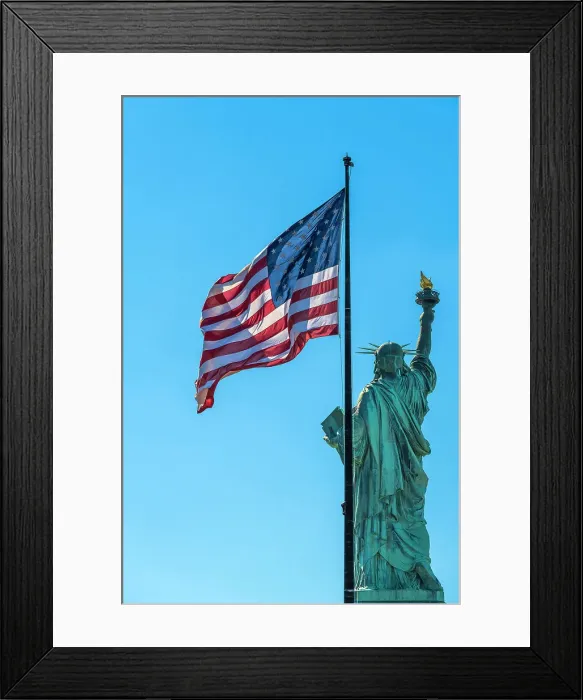Framed Print : Rear side of Statue of Liberty with US flag, Liberty Island, New York, USA Framed Print : Rear side of Statue of Liberty with US flag, Liberty Island, New York, USA