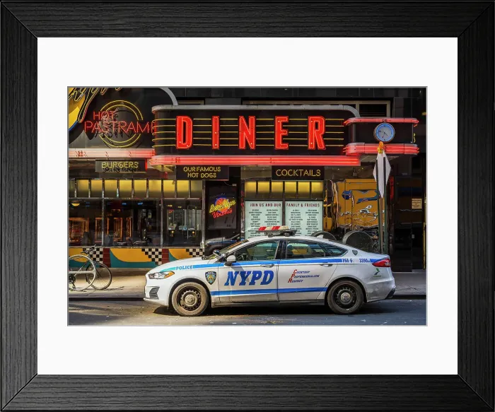 Framed Print : Diner restaurant neon sign with NYPD police car parked, Manhattan, New York, USA Framed Print : Diner restaurant neon sign with NYPD police car parked, Manhattan, New York, USA