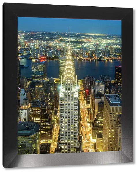 Aerial view of Chrysler Building and Midtown Manhattan skyline at twilight, New York, USA