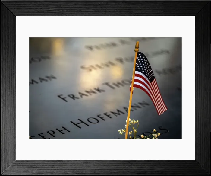 Framed Print : US flag on the parapet boarding the pool of the National September 11 Memorial & Museum, Manhattan, New York, USA Framed Print : US flag on the parapet boarding the pool of the National September 11 Memorial & Museum, Manhattan, New York, USA