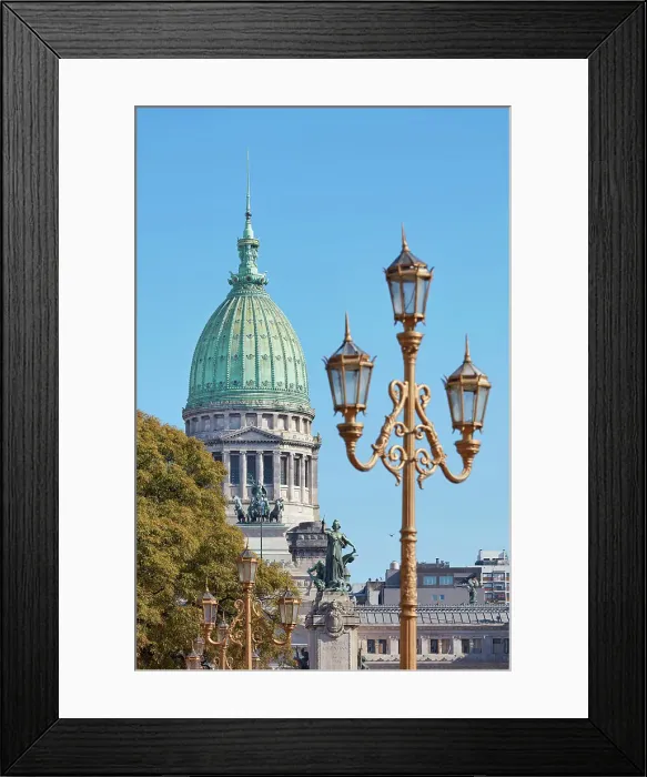 Framed Print : A traditional Buenos Aires street lamp in front of the Argentine National Congress dome, Monserrat, Buenos Aires, Argentina