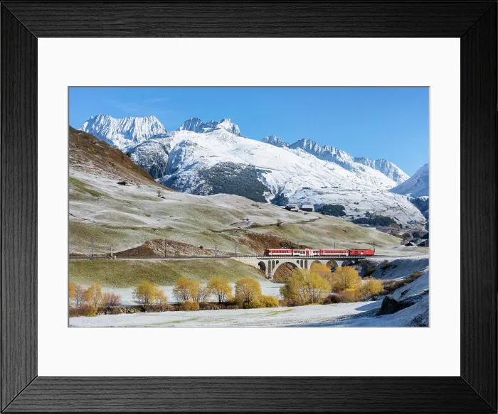 Framed Print : The red train of Canton Uri during autumn, Canton of Uri, Switzerland Framed Print : The red train of Canton Uri during autumn, Canton of Uri, Switzerland