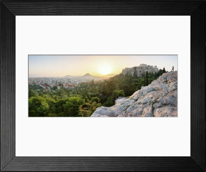 Framed Print : Man admires the sunrise above Athens, Attica region, Greece (MR)