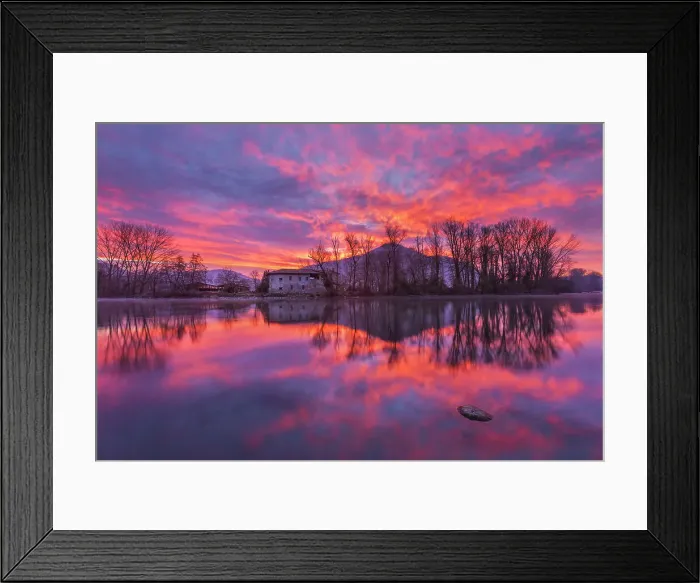 Framed Print : Fire sunrise on the Adda river, Brivio, Lecco province, Lombardy, Italy