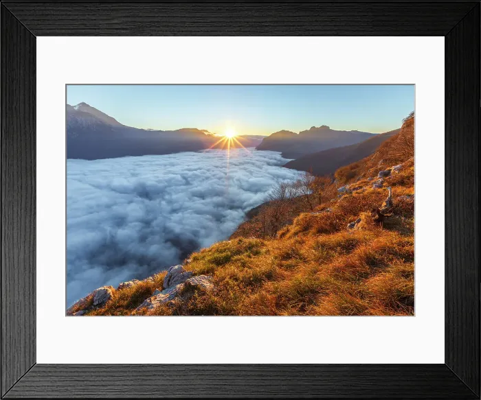 Framed Print : First light on lake Como (ramo di Lecco) covered by the fog, Barni, Como province, Lombardy, Italy Framed Print : First light on lake Como (ramo di Lecco) covered by the fog, Barni, Como province, Lombardy, Italy