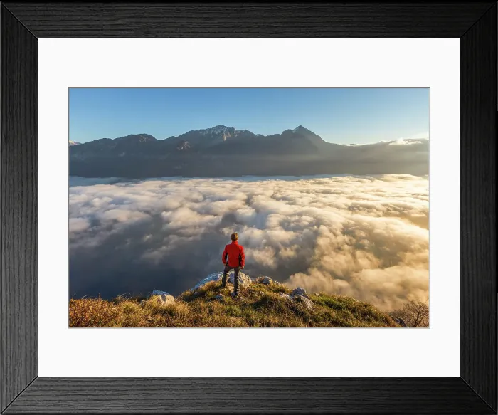 Framed Print : Hiker looks Grigna group and lake Como (ramo di Lecco) covered by the fog, Barni, Como and Lecco province, Lombardy, Italy (MR) Framed Print : Hiker looks Grigna group and lake Como (ramo di Lecco) covered by the fog, Barni, Como and Lecco province, Lombardy, Italy (MR)