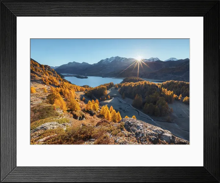 Framed Print : First lights on lake Sils in autumn time, Engadine, Canton of Graubunden, Maloja district, Switzerland Framed Print : First lights on lake Sils in autumn time, Engadine, Canton of Graubunden, Maloja district, Switzerland