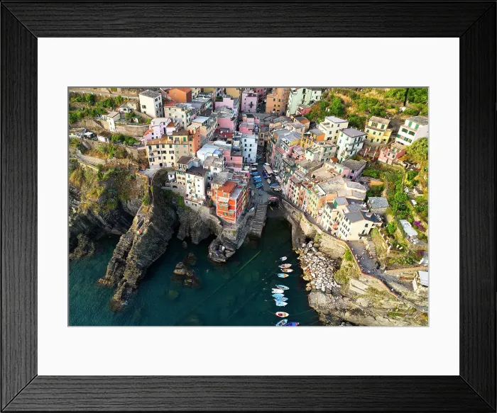 Framed Print : Aerial view taken by drone of touristic village of Riomaggiore, National park of Cinque Terre, La Spezia, Italy
