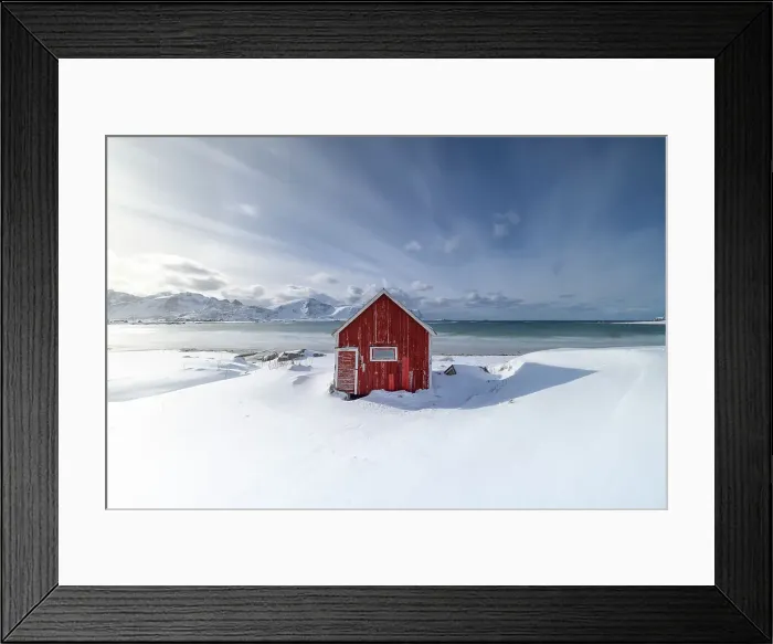Framed Print : Ramberg beach, with an classic Rorbuer, Ramberg, Lofoten island, Norway