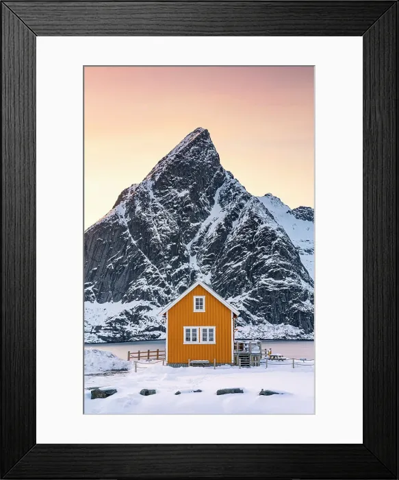 Framed Print : Yellow Rorbu with majestic Olstind peak covered with snow on background, Sakrisoy, Reine, Nordland, Lofoten Islands, Norway Framed Print : Yellow Rorbu with majestic Olstind peak covered with snow on background, Sakrisoy, Reine, Nordland, Lofoten Islands, Norway