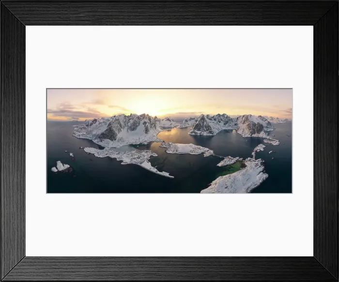 Framed Print : Reine Bay, Sakrisoy and Hamnoy village with Olstind peak covered with snow, Lofoten Islands, Norway Framed Print : Reine Bay, Sakrisoy and Hamnoy village with Olstind peak covered with snow, Lofoten Islands, Norway