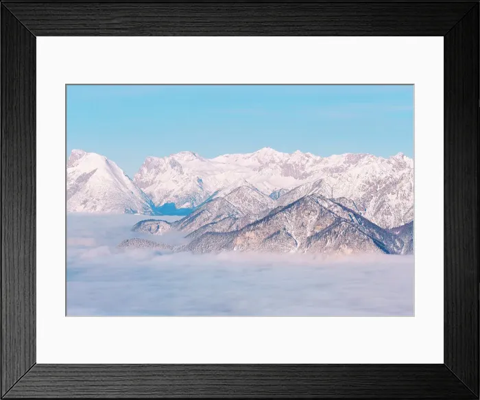 Framed Print : The view over Zugspitze mountain on a foggy morning in the Inn valley, Patscherkofel mountain, Innsbruck Land, Tyrol, Austria Framed Print : The view over Zugspitze mountain on a foggy morning in the Inn valley, Patscherkofel mountain, Innsbruck Land, Tyrol, Austria