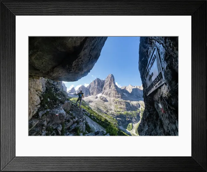 Framed Print : Tosa peak and an hiker in silhouette along the pathway to Rifugio Pedrotti from Madonna di Campiglio, Trentino, Italy Framed Print : Tosa peak and an hiker in silhouette along the pathway to Rifugio Pedrotti from Madonna di Campiglio, Trentino, Italy