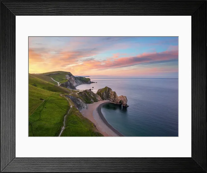 Framed Print : Aerial view of Durdle Door at sunrise, Durdle Door, Jurassic Coast, Dorset, United Kingdom Framed Print : Aerial view of Durdle Door at sunrise, Durdle Door, Jurassic Coast, Dorset, United Kingdom
