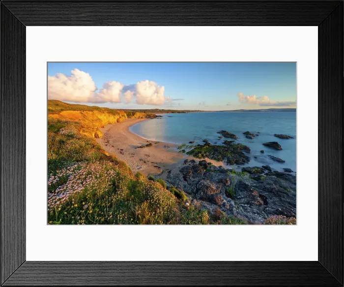 Framed Print : Upton Towans Beach at sunset, Godrevy, Cornwall, United Kingdom Framed Print : Upton Towans Beach at sunset, Godrevy, Cornwall, United Kingdom