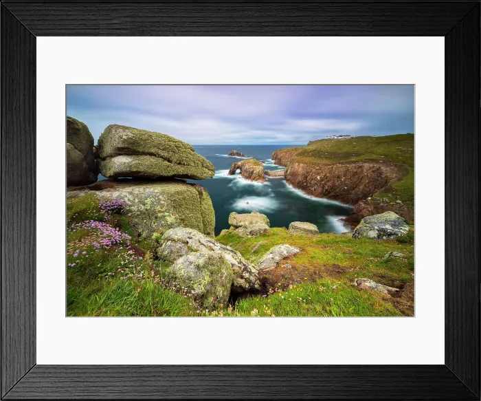 Framed Print : Enys Dodnan Arch and Land's End restaurant, Penwith peninsula, Cornwall, United Kingdom Framed Print : Enys Dodnan Arch and Land's End restaurant, Penwith peninsula, Cornwall, United Kingdom