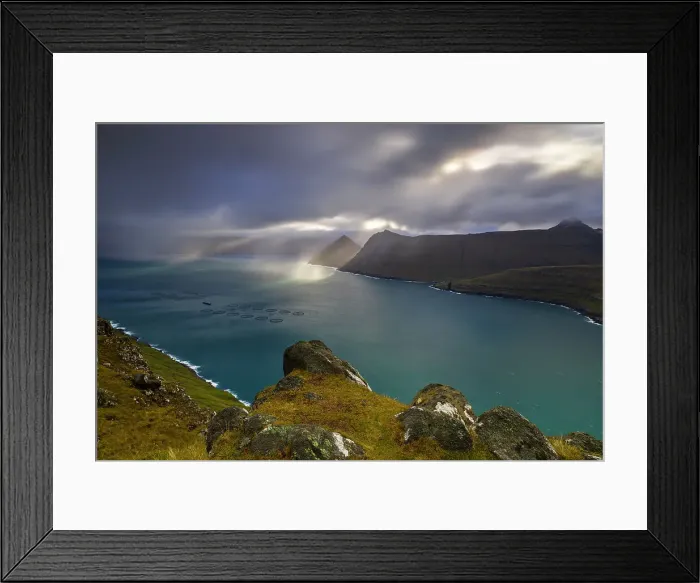 Framed Print : Funningsfordur and Kalsoy island viewed from Gonguturur Hvithamar trailhead, Sunda municipality, Eysturoy, Faroe Islands, Denmark Framed Print : Funningsfordur and Kalsoy island viewed from Gonguturur Hvithamar trailhead, Sunda municipality, Eysturoy, Faroe Islands, Denmark