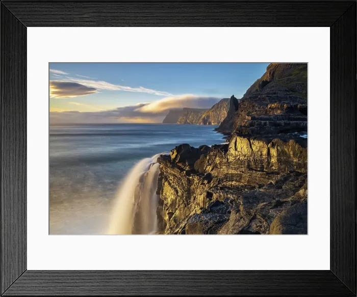 Framed Print : Boosdalafossur watrefall from Sorvagsvatn at sunset, Vagar, Faroe Islands, Denmark Framed Print : Boosdalafossur watrefall from Sorvagsvatn at sunset, Vagar, Faroe Islands, Denmark