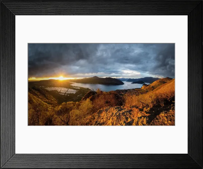 Framed Print : Iseo Lake and Torbiere del Sebino from the panoramic point of Balota del Coren. Iseo, Brescia province, Lake district, Lombardy, Italy